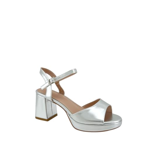 MODELISA - Sandalia de Tacón para Mujer Correa de Tobillo con Hebilla para Boda Noche Evento Ceremonia Fiesta (Plateado, Sistema tallas calzado EU, Adulto, Mujer, Números, mediano, 40)