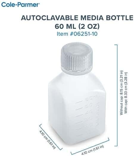 Cole-Parmer Autoclavable Media Bottles, Square Plastic, PPCO, 60 mL (2 oz); 12/Pk