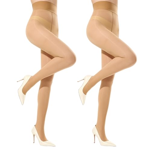MANZI 2 Pairs Women's Sheer Shiny Tights 10D Ultra Silky Shimmer Tights Nylons Pantyhose Large-X-Large 2 Pairs Natural Nude