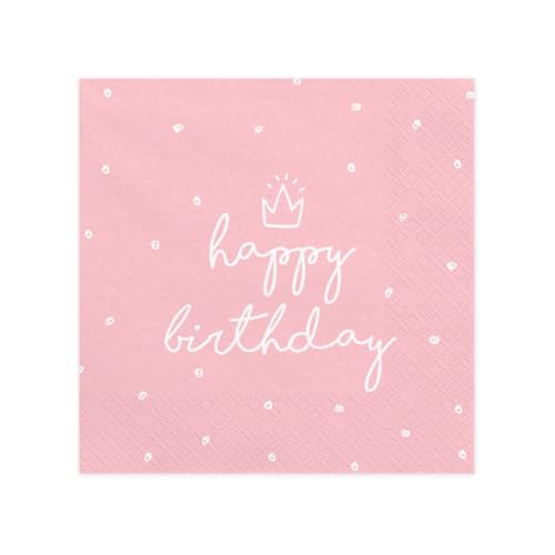 PartyDeco Lot de 20 serviettes en papier « Happy Birthday » - 33 x 33 cm - 3 plis avec pois et couronne - Rose