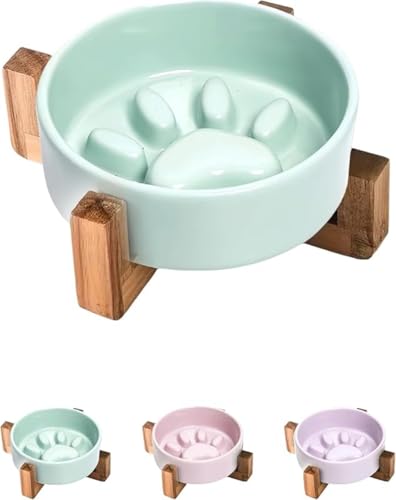 KOKUMON早食い防止ペット食器 犬猫用フードボウルスタンド 陶器ボウル + 木製台セット 餌入れ・ペット皿両用 滑り止め設計で安定感 取り外し可能で手入れ簡単 天然木材・食品用陶器 ペットの摂食速度調整 過食・むかつき防止 キッチン・リビングに最適 小