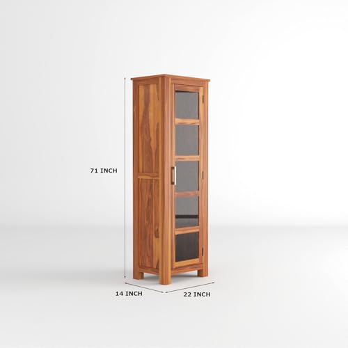 Image of Sheesham Wood Corner Book Shelf with Acrylic Glass Door | Wooden Sideboard Crockery Cabinet with 5 Shelf Storage | Kitchen Display Unit | Bookshelf for Home Library | Honey Finish