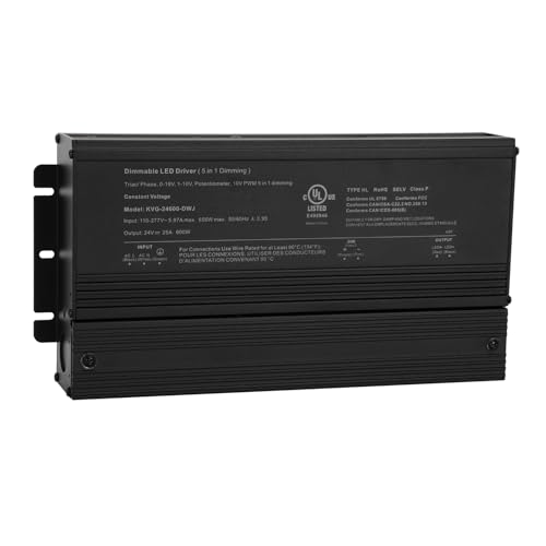Image of 600W Dimmable LED Driver 24V, 110V-277V AC to 24V DC Led Light Transformer Compatible with lutron and leviton Dimmer, TRIAC /Phase /0-10V /1-10V /Potentiometer /10V PWM 5 in 1 Dimming LED Driver, UL Listed