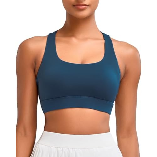 RUNNING GIRL High Impact Sports Bras for Women - Scoop Neck Strappy Sports Bra High Support Moulded Cup Workout Bra A-navy Blue Small