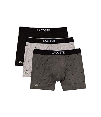 Lacoste Men's Cotton Stretch Mini Croc Print Boxer Briefs, 3-pack, Black/Midgnight Smoke/Dove Grey, Small