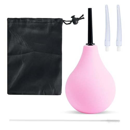 Enema Bulb Douche Silicone Enema Kit for Men Women, Reusable Douche Kit with 2 X Reusable Silicone Slim Nozzle and 1 X Cleaning Brush & Storage Bag, 225 ML Rubber Washing Cleaning Kit (Pink)