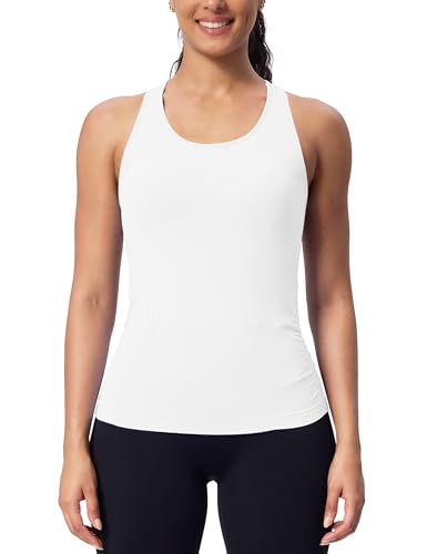 Women's Seamless Racerback Tank Top, Crew Neck Workout Yoga Padded Athletic Shirts White
