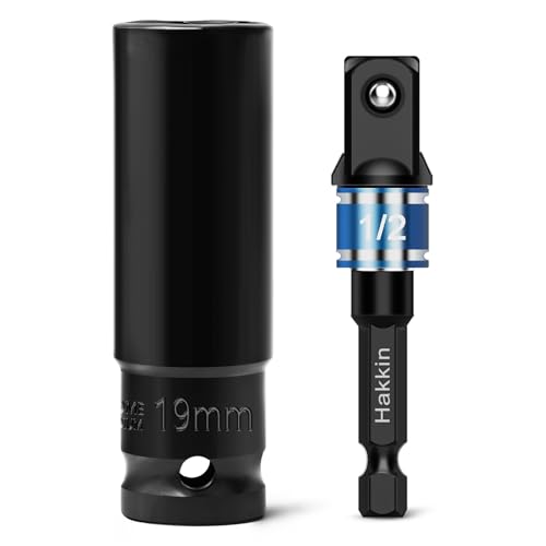 Image of 1/2 inch Drive Impact Socket Set Hakkin 19mm Deep 6-Point Impact Socket | 1/4" Hex Shank to 1/2" Drive Adapter Heavy Duty Chrome Vanadium Steel