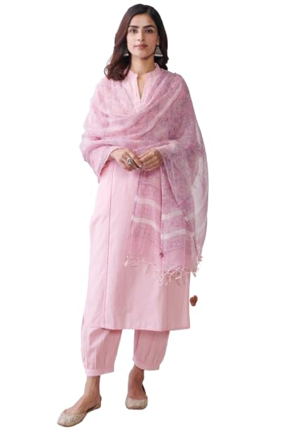 Women's Baby Pink Kurta Set with Floral Printed Dupatta Straight Kurta with Pant | 3 Piece Ethnic Suit Set for Comfortable Traditional for Festive-image-37