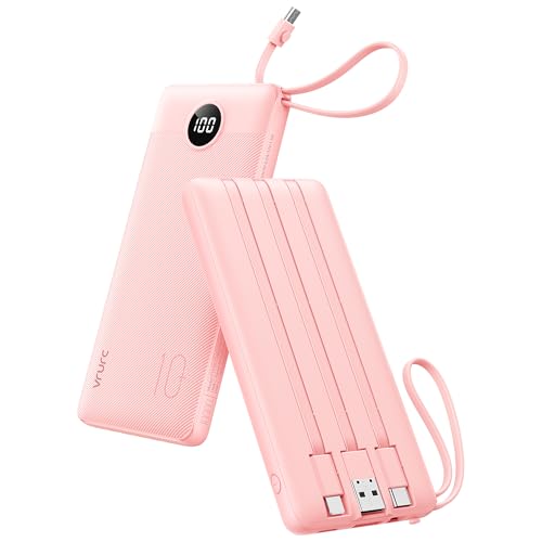 VRURC Portable Charger Power Bank, Built-in 4 Cables & 2 Ports,10000mAh Slim Battery Pack with LED...