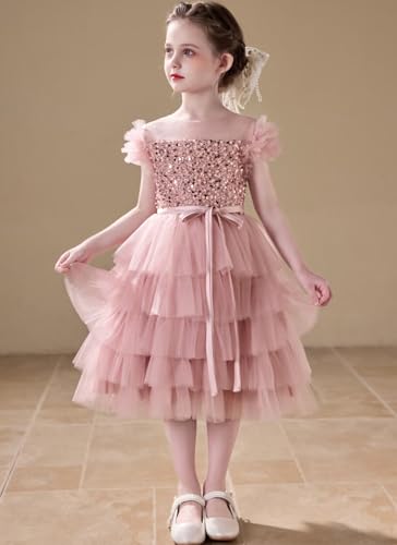 Sequin Flower Girl Dresses for Wedding Layered Tulle Princess Pageant Ball Gown Short Sleeves Formal Birthday Party2