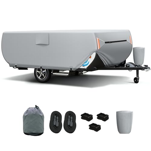 Pop Up Camper Cover 12'-14', Folding Camper Tent Trailer Cover，Extra-Thick Oxford PU Waterproof Anti-UV Pop-up Camper Cover with Windproof Straps