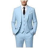 Retro Men Linen Suits 3 Piece Summer Beach Wedding Suits Slim Fit Light Blue Casual Groomsmen Suit Blazer Vest Pants Set S