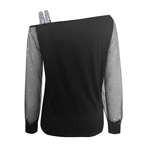 Women Sequin Print Mesh Long Sleeve Cold Shoulder Splice T-Shirt Tops Cropped Blouse Loose Tees Silver #TOP2