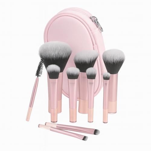 Kit Mini Pincéis de Maquiagem Premium 10 Peças – Travel Size com Nécessaire, Cerdas Macias para Base, Blush e Sombras - Rosa