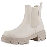 VAN HILL Damen Leicht Gefütterte Chelsea Boots Stiefeletten Blockabsatz Schuhe Plateau Vorne Profilsohle Booties 209053 Creme 39