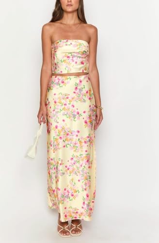 UAURORAO Women Floral Maxi Skirt Set Strapless Crop Tube Top High Slit Long Skirt 2 Piece Tropical Vacation Outfits4