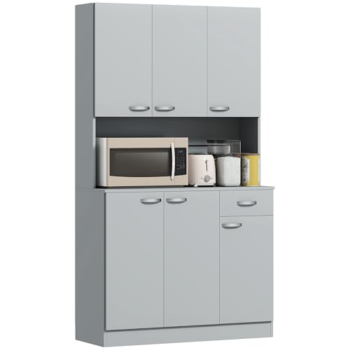 HOMCOM Alacena de Cocina Mueble Auxiliar de Cocina Alta con 6 Puertas Cajón Encimera Abierta y Estantes Ajustables Estilo Moderno Gris 101x39x180 cm