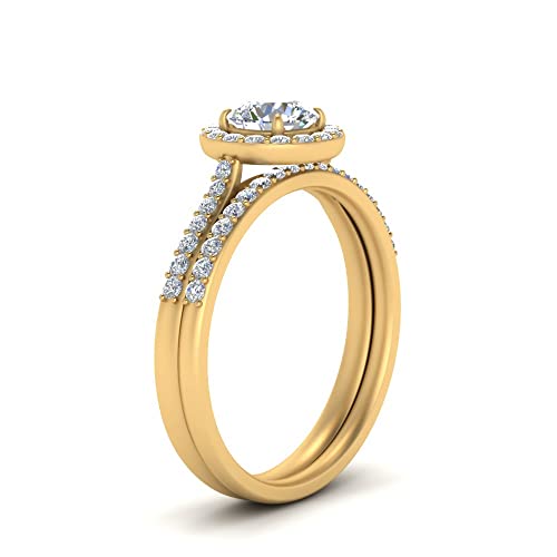 Image of Choose Your Gemstone Round Halo Ring with Matching Pave Band Yellow Gold Plated Round Shape Wedding Ring Sets Everyday Jewelry Wedding Jewelry Handmade Gifts for Wife US Size 4 to 12