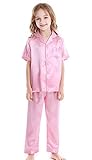 Horcute Kids Satin Short-Top and Long-Pants 2-Pieces Pajamas Sleepwears Set Rosegold 170# 11-12Y