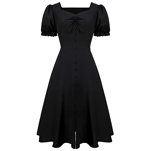 FRIUSATE Vestidos vintage fruncidos para mujer, de los años 50, vestido de cóctel, escote corazón, manga corta abullonada para bodas, bailes, fiestas temáticas, cócteles, Negro, XXL Cover