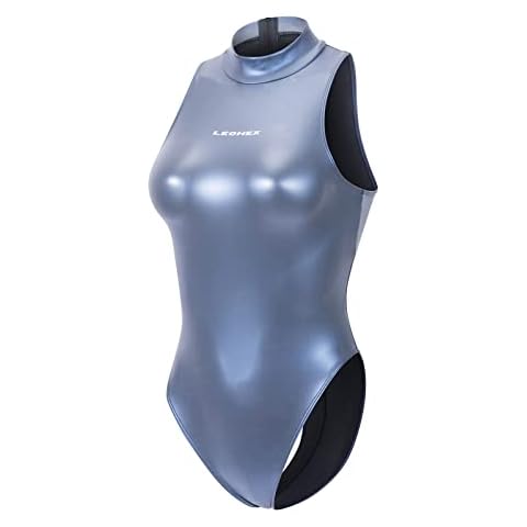 LEOHEX Metallic Shiny Spandex Leotard Sexy Sheer Rave Hot Bodysuit High Neck One Piece Swimsuit Monokini (M, Blue) Cover