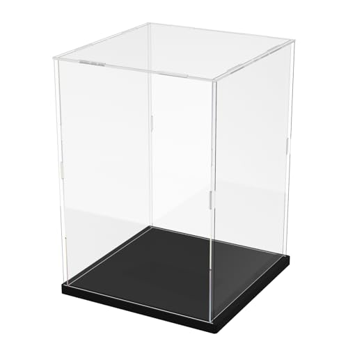 DuvinDD Acryl Vitrine für Lego Botanicals Pflaumenblüte 10369 für Lego Chrysantheme 10368 für Lego Bambus 10344 – 20 x 20 x 35cm Transparente Staubschutzbox mit Schwarzem Sockel