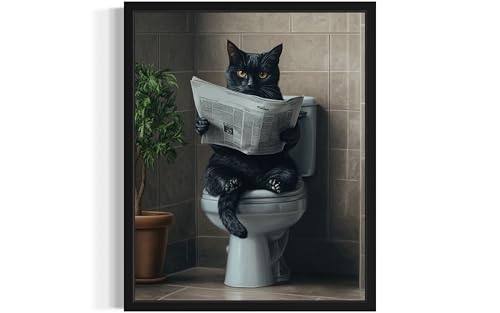 Image of Cat Black on Toilet Wall Art Print Poster, Dog Bathroom Humor Decor Posters Prints for Restroom Home Picture Painting Artwork Gallery 7 (Cat Black, 14 inchL x 11 inchW, Black Frame)