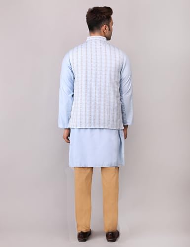 Image of Men's Cotton Silk Blend Regular Kurta Pyjama, Embroidered Nehru Jacket /Waistcoat Set
