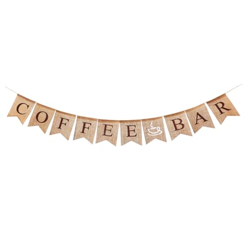 Amosfun Rustic Burlap Coffee Bar Banner Swallowtail Dovetail Linen Bunting Garland for Birthday Wedding Anniversary Farmhouse Wall Table Decor