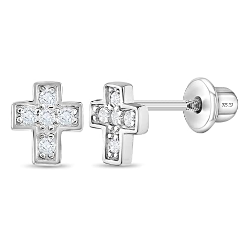925 Sterling Silver Cubic Zirconia Little Cross Screw Back Earrings for Toddlers & Young Girls - Religious Jewelry Gift for Christening and Baptism - Safety Stud for Little Girls
