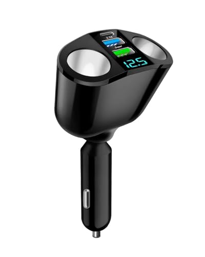 66W Car Cigarette Lighter Adapter 12V/24V Double Car Lighter Adapter with USB-C PD & USB-A QC3.0 360 Rotating Cigarette Lighter Splitter Car 12V Multi Socket with LED Voltmeter