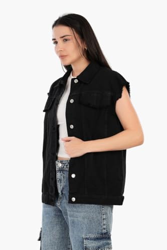 CARINA Women's Raw Hem Denim Vest Regular Fit Collared Neck Button Down Closure Cotton Black Size S