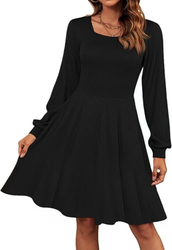 Saodimallsu Damen Strickkleid Puffärmel Quadratischer Ausschnitt Elegant Pulloverkleid Frauen A-Linie Strickpullover Minikleid Schwarz M