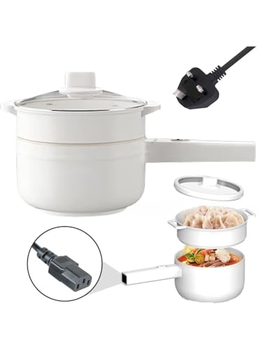 Multi Use Electric Cooker with Steamer 2 Liters White 19.5 cm Includes Frypan Steaming Unit and Glass Lid