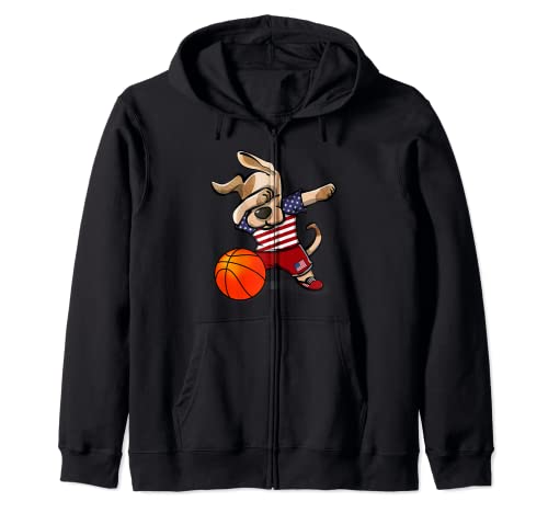 Funny Dabbing Dog United States Basketball Lovers USA Flag Zip Hoodie, Black
