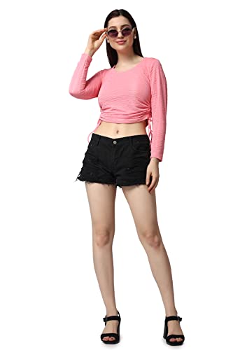 Image of POPWINGS Casual Self Design Regular Fit Polyester Full Sleeves Crop Tops for Women with Crush String