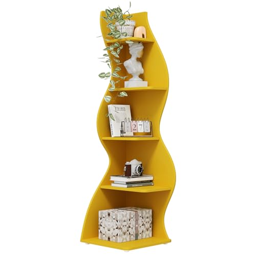 Image of Tribesigns Corner Shelf, Modern 5-Tier Wall Corner Bookshelf, Stylish Corner Small Bookcase Storage Rack Plant Stand with Unique Shape for Living Room, Home Office (Yellow, 1PC)