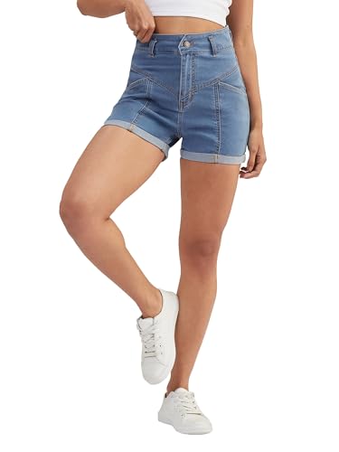 Image of Dolce Crudo Women's Relaxed Fit Mid-Rise Denim Shorts with Adjustable Waist & Frayed Hem