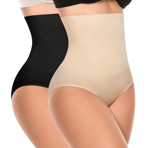 Image of Werena Tummy Control Shapewear Underwear for Women High Waisted Body Shaper Panties Slimming Girdle Shaping Briefs(1#Black+Beige(Mix Set),Medium)