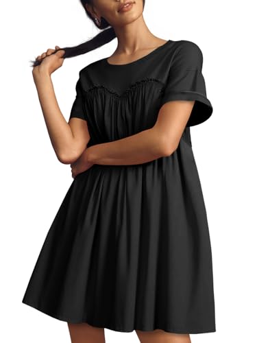 Image of Wenrine Womens Short Sleeve T Shirt Dress Summer Babydoll Patchwork Swing Casual Mini Dresses Black, Large