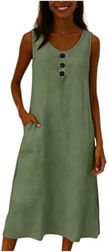 Frostluinai Summer Dresses for Women Over 60 Linen Midi Dresses for Women Summer Solid Boho Beach Dress Crew Neck Sleeveless Sundresses with Pockets Green - 1