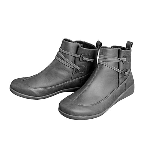 Womens Cowboy Booties Fashion Slip On Lace Up Flat Ankle Boots Vintage Leather Arch Support Walking Short Boots for Women2