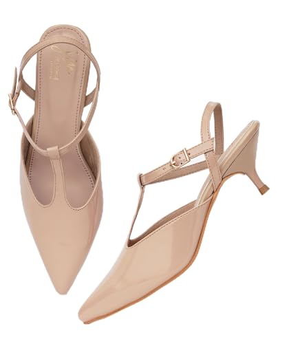 Image of JM LOOKS Minimalist T-Strap Kitten Heels with Sleek Pointed Toe and Adjustable Ankle Fastening Strap