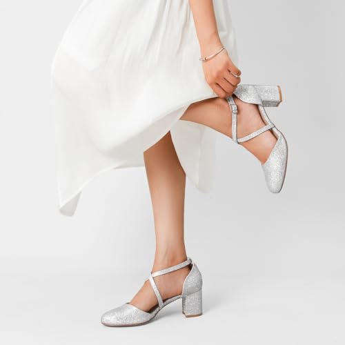 Greatonu Bombas con Correa en el Tobillo para Mujer, Bombas con tacón Alto para Mujer con Correas Cruzadas y Puntera Cerrada, Bodas y Fiestas Plateado EU 38 - imagen 2
