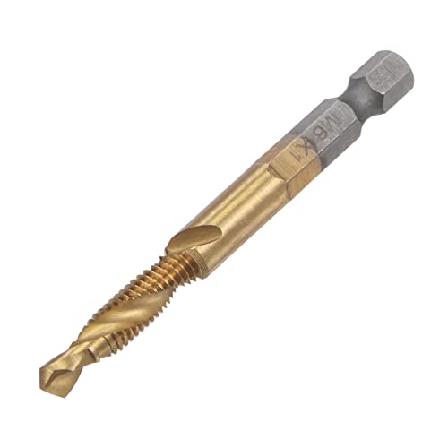 Uxcell Combination Drill And Tap Bit, 1/4" Hex Shank M6 X 1 Metric Titanium Coated High Speed Steel 4341 Spiral Flute Drilling Tapping Tool Extra Long #TOP16