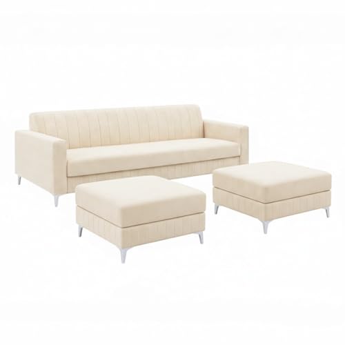 Image of Amelia 5 Seater L Shape Sofa Set with 2 Movable Ottomans | Flexible Layout | Rich Velvet Suede Fabric | Silver Legs | Spacious Soft Touch Seating | Modern Sofa for Living Room (Cream)