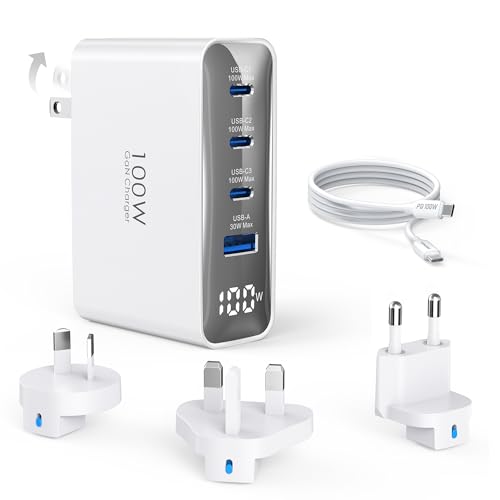 100W USB C Travel Charger, 4-Ports Foldable Travel Adapter Plug Converter with UK/EU/AU Plugs,Fast Charging for Macbook Pro/Air,for iPad Pro/iPhone 16/15 Pro Max, for Galaxy S24 S23, White