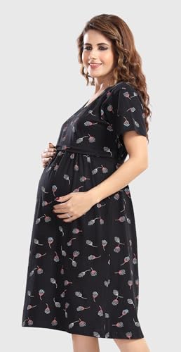 Image of Fabme Women's Above Knee Length Printed Pre and Post Pregnancy Pure Cotton Nursing Nightdress Nighty