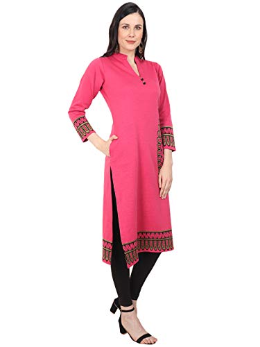 Image of Rosary Women's Winter Wear Jacquard Woolen Straight Kurti with 2 Side Pockets,Pink,M